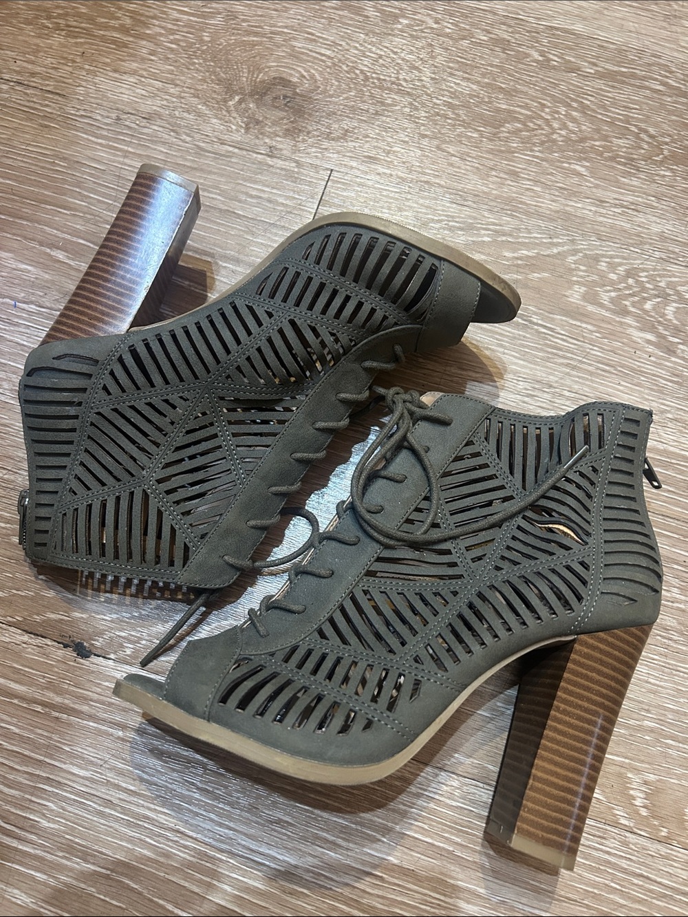 Mix No. 6 Olive Lace-Up Cutout Block Heel Booties